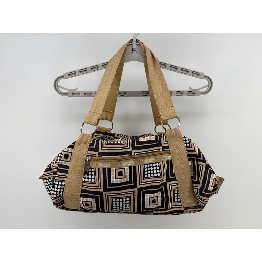 LeSportsac‎ Geometric Square Print Nylon Shoulder Bag Tan Black Cream Satchel